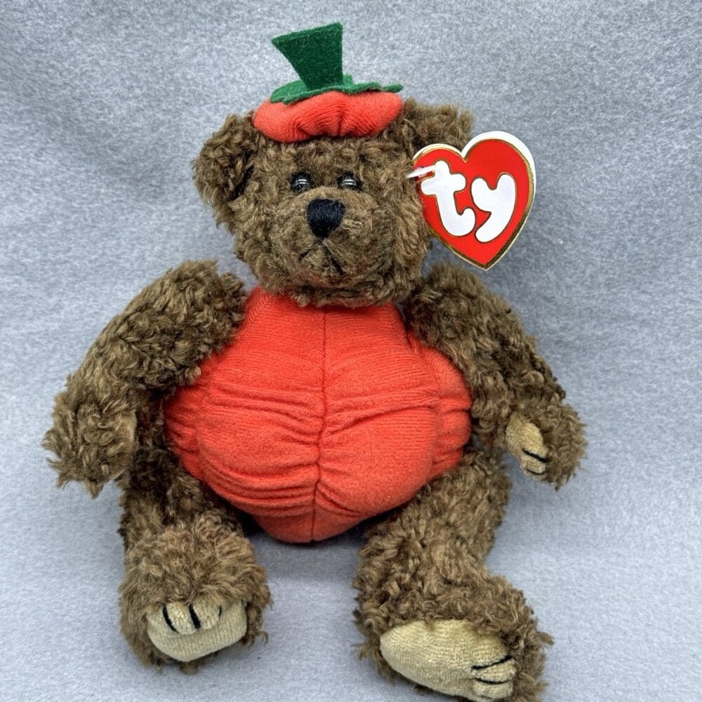 Peter Brown Bear Pumpkin Halloween Attic Treasures Plushie TY 1993 Posable 8" - Picture 4 of 12